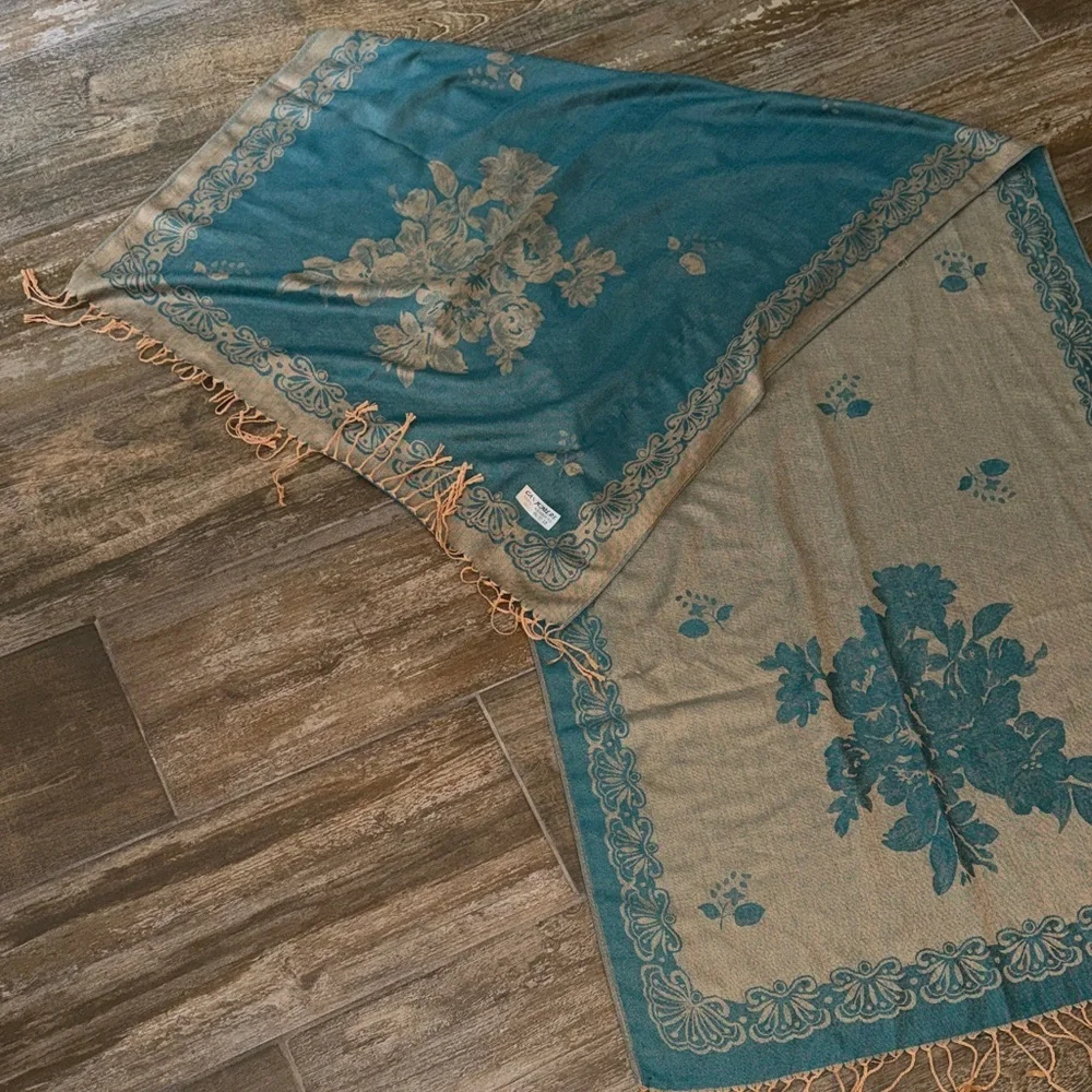 Cashmere Teal and Gold Floral Scarf with Fringe